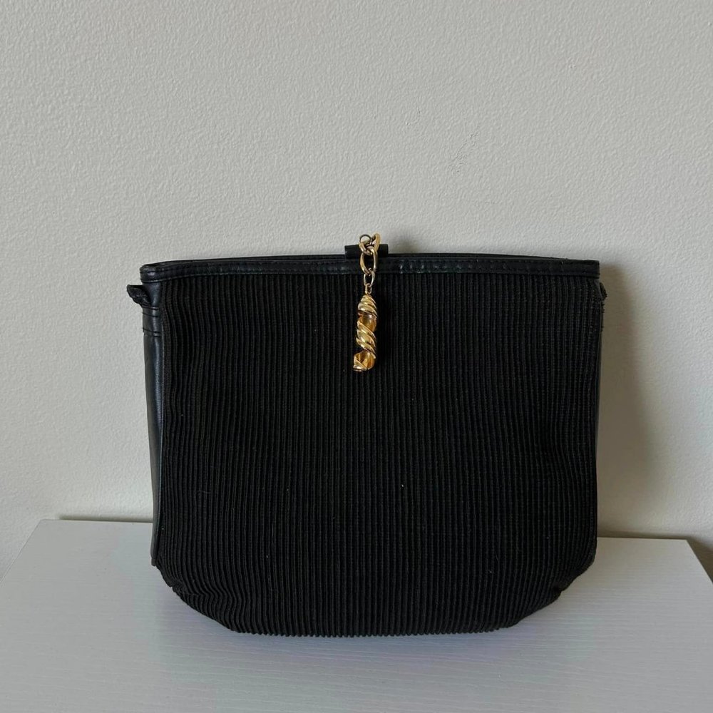 Black Ribbed Cloth Evening Bag With Faux Leather Trim